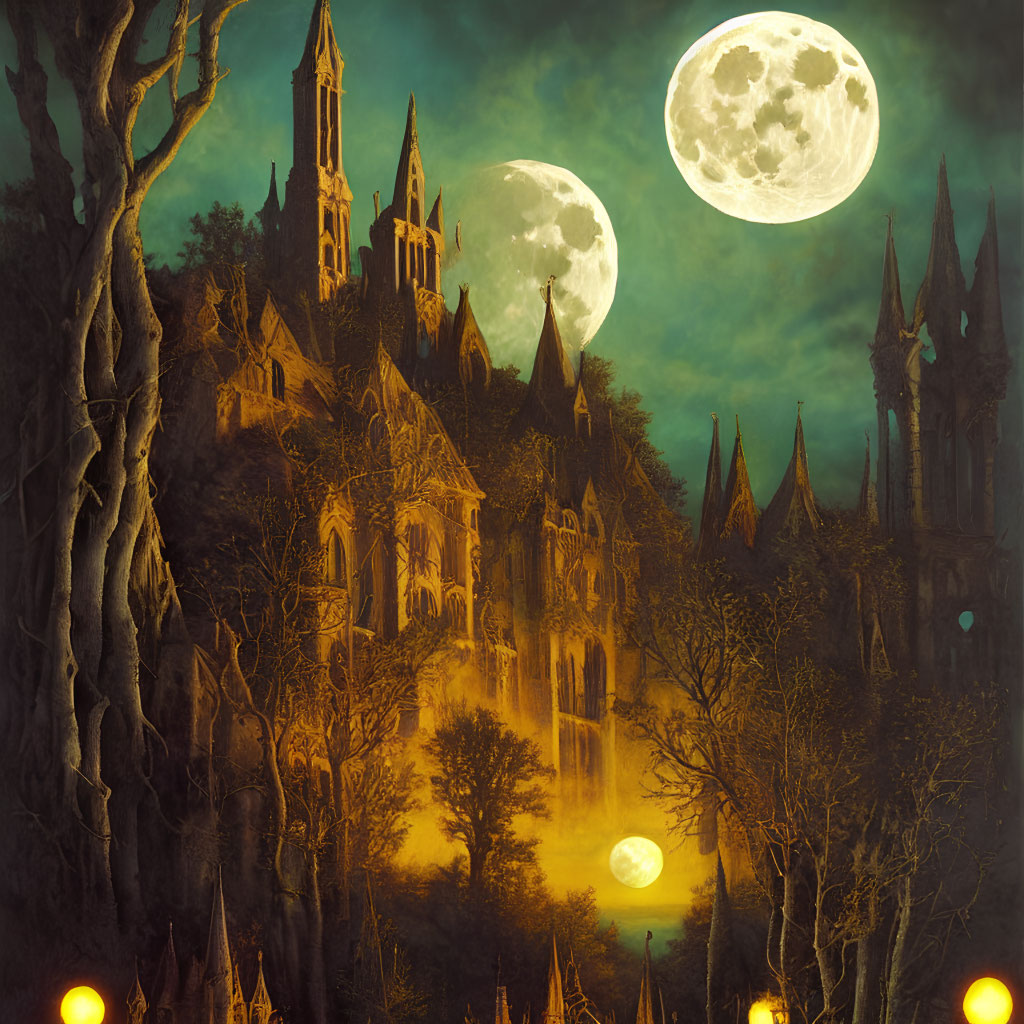 Gothic-style architecture in misty moonlight with bare trees - atmospheric image