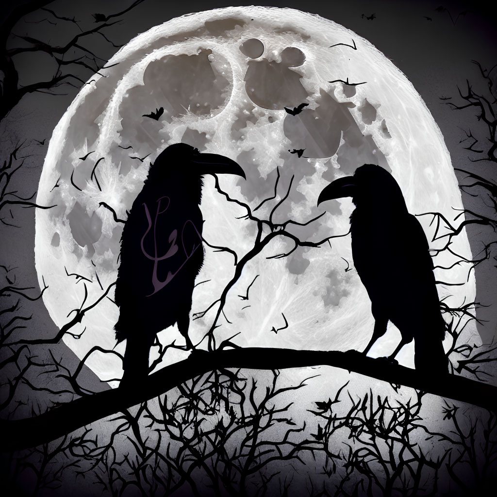 Silhouetted ravens on branches under full moon with flying bats