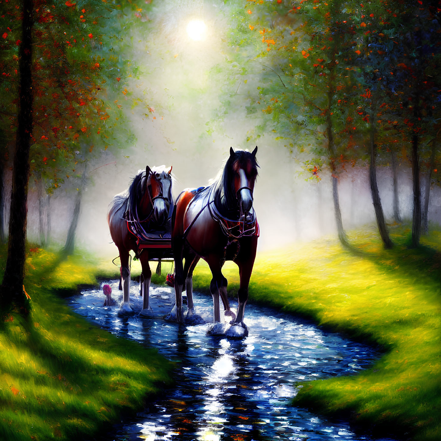 Ethereal forest scene with two horses in a sunlit stream