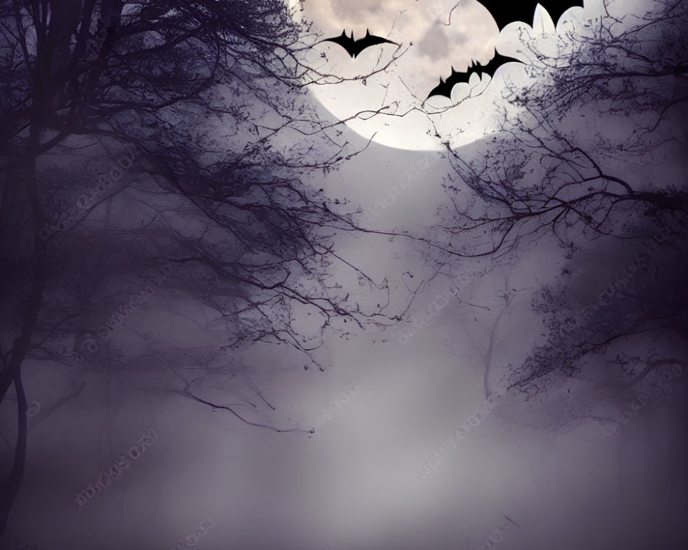 Silhouetted bats flying under a full moon in misty forest