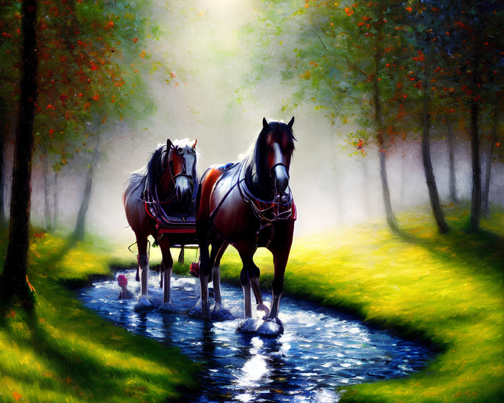 Ethereal forest scene with two horses in a sunlit stream