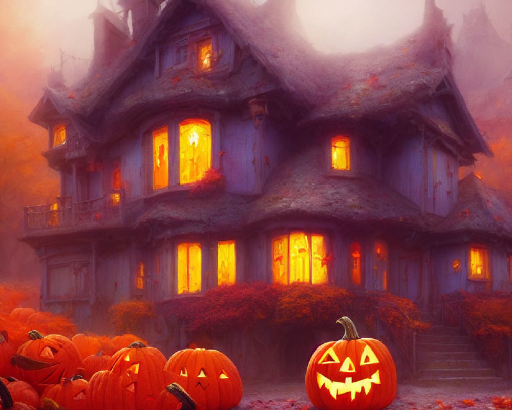 Spooky haunted house with glowing windows in misty autumn forest