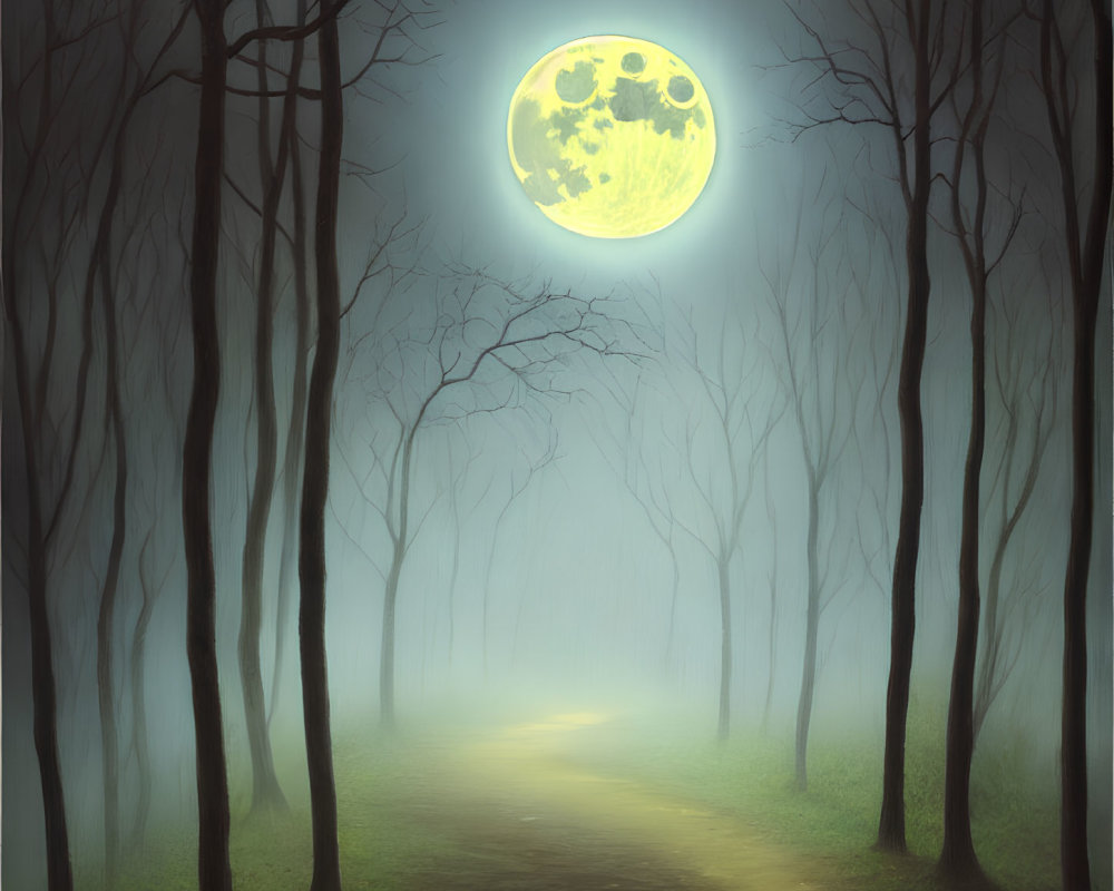 Moonlit Path Through Misty Forest with Full Moon