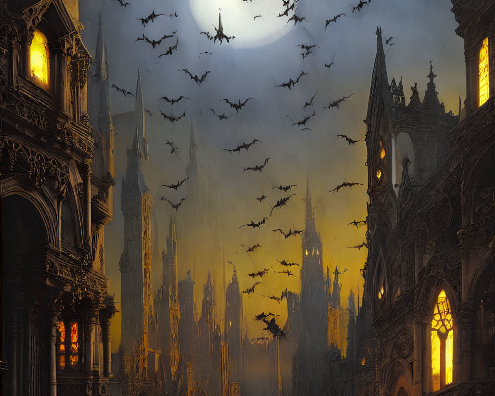 Gothic Architecture and Bats Silhouetted Against Moonlit Sky