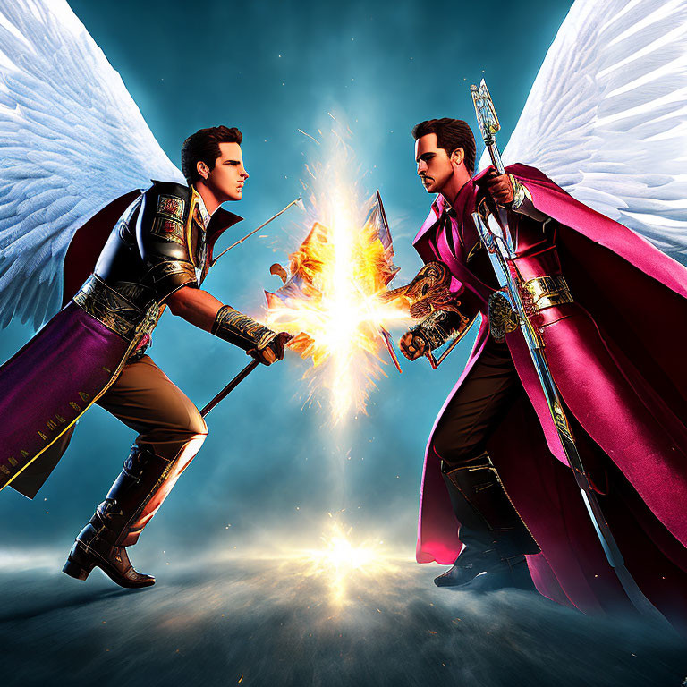 Majestic winged figures clash swords in dramatic sky