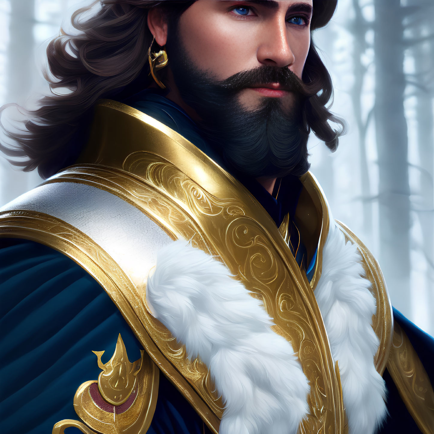 Portrait of Nobleman in Blue and Gold Outfit with Wavy Hair