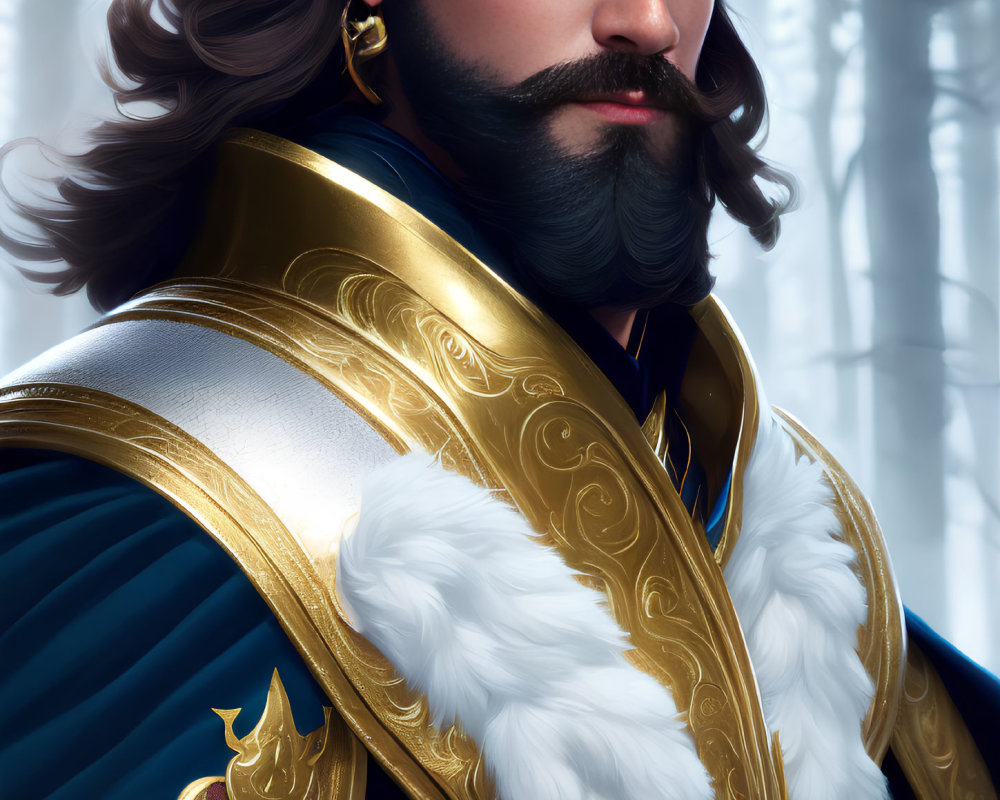 Portrait of Nobleman in Blue and Gold Outfit with Wavy Hair