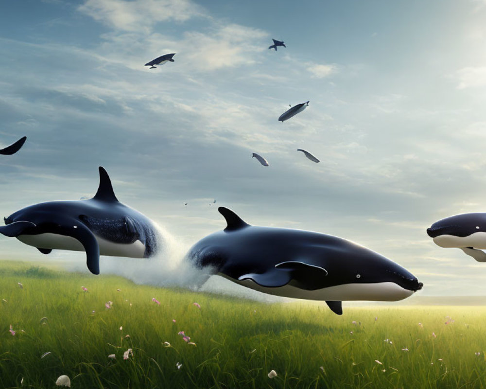 Majestic orcas and birds in flight over grassy field with flowers