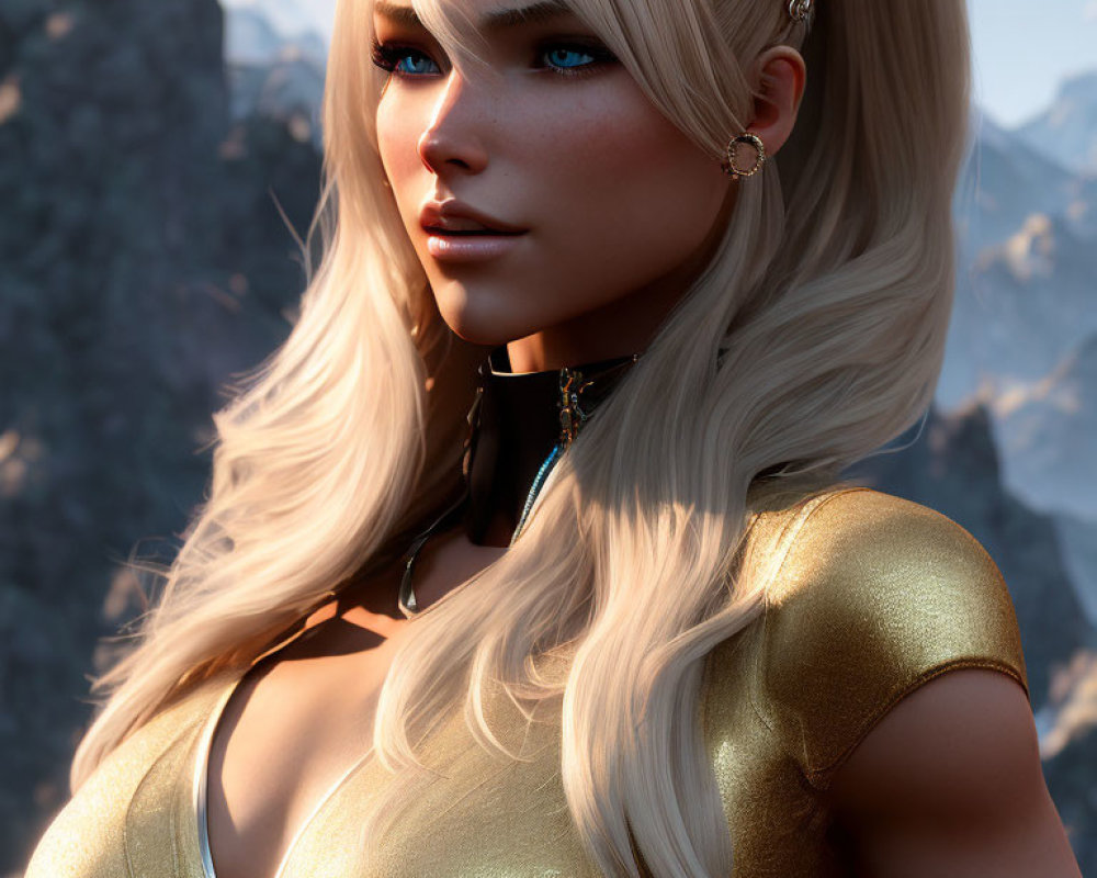 Blonde Woman in Gold Attire with Blue Eyes and Mountain Background