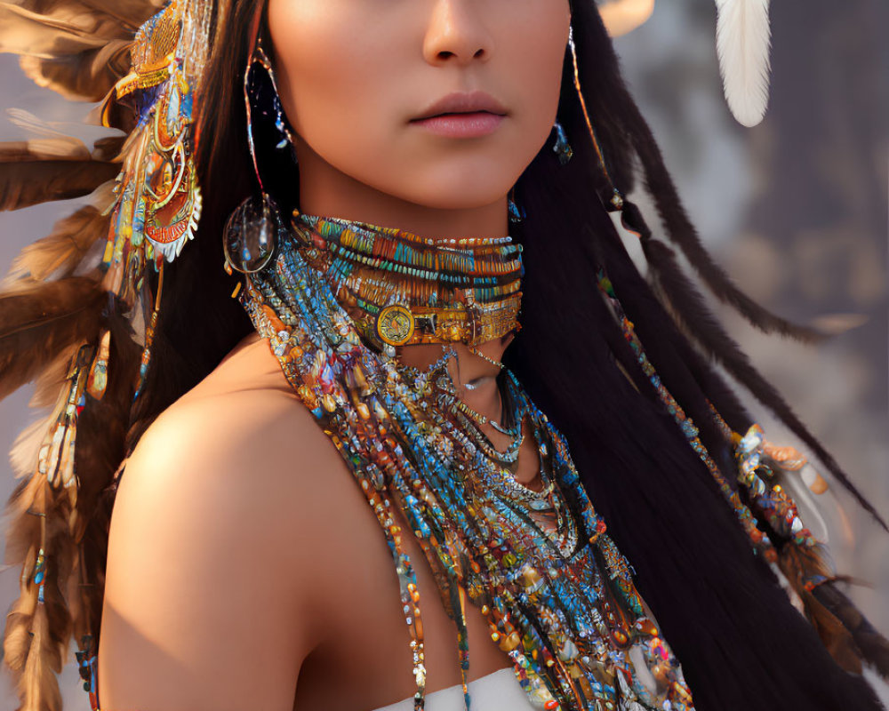 Woman wearing Native American-inspired jewelry with feather headdress, beaded necklaces, and earrings