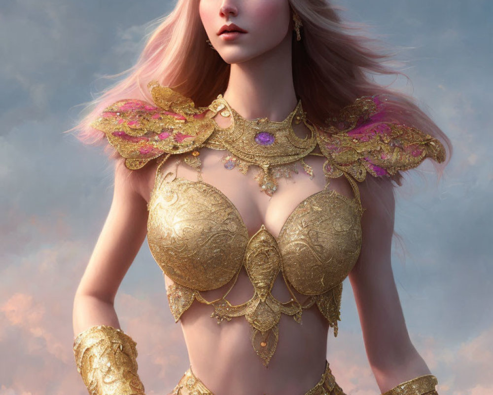 Digital artwork: Female figure in golden armor with purple accents