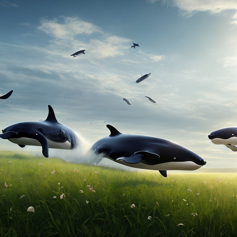 Majestic orcas and birds in flight over grassy field with flowers