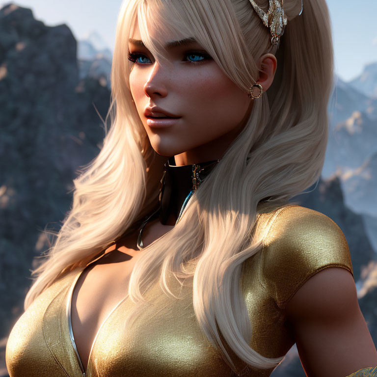 Blonde Woman in Gold Attire with Blue Eyes and Mountain Background