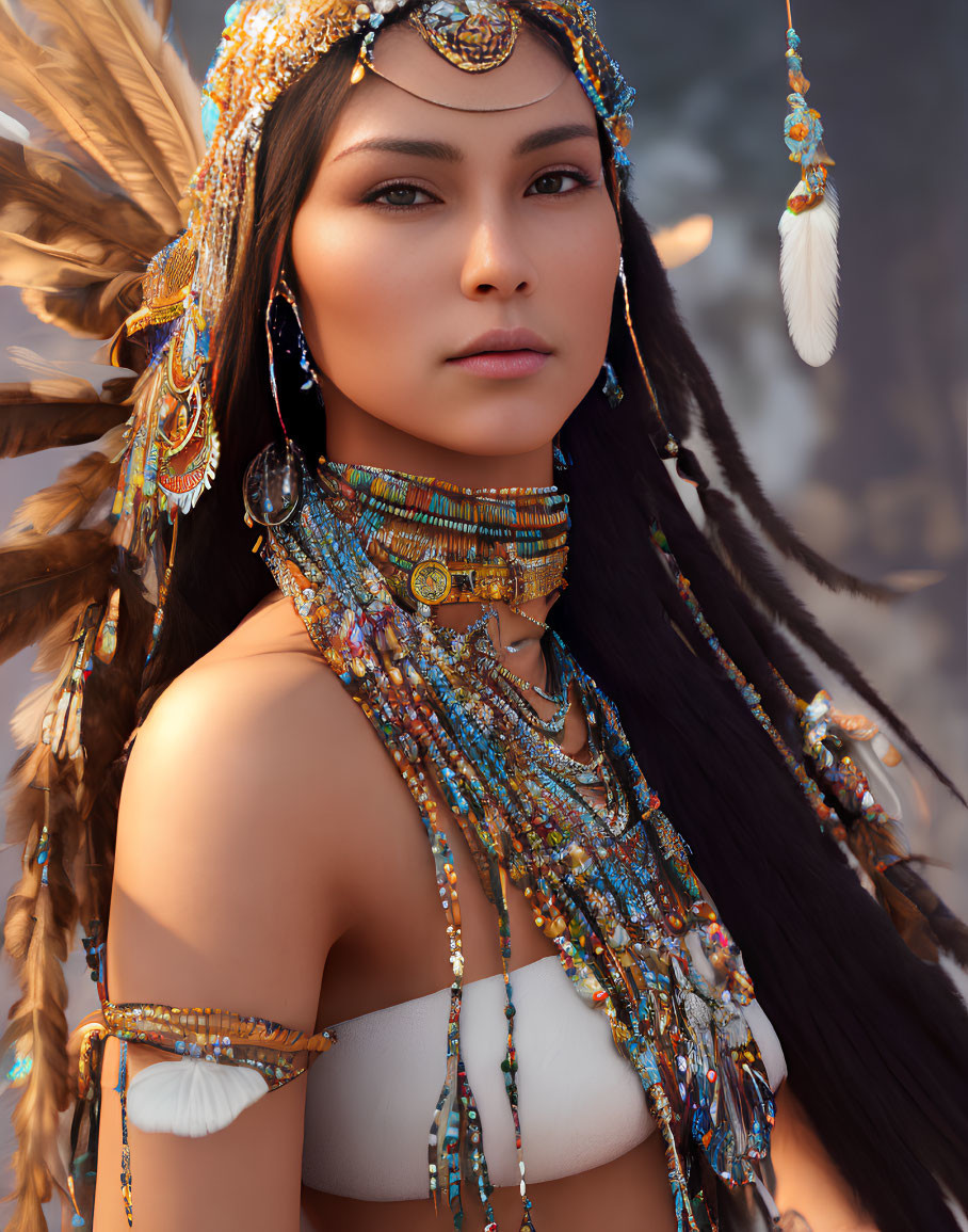 Woman wearing Native American-inspired jewelry with feather headdress, beaded necklaces, and earrings