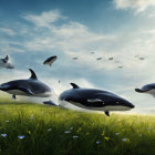 Majestic orcas and birds in flight over grassy field with flowers