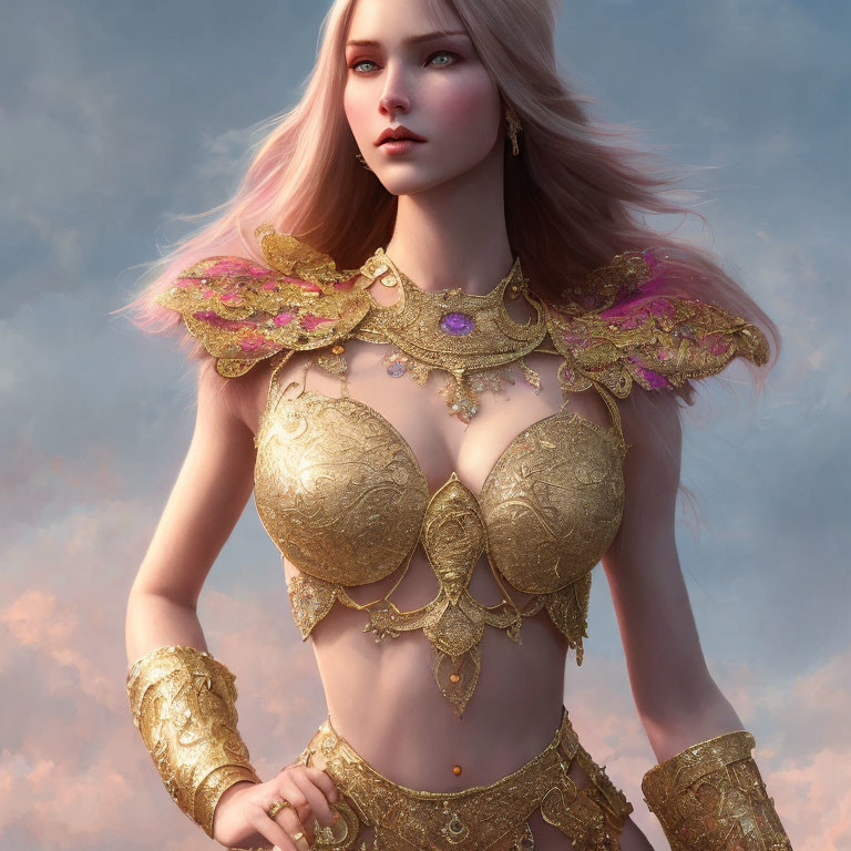 Digital artwork: Female figure in golden armor with purple accents