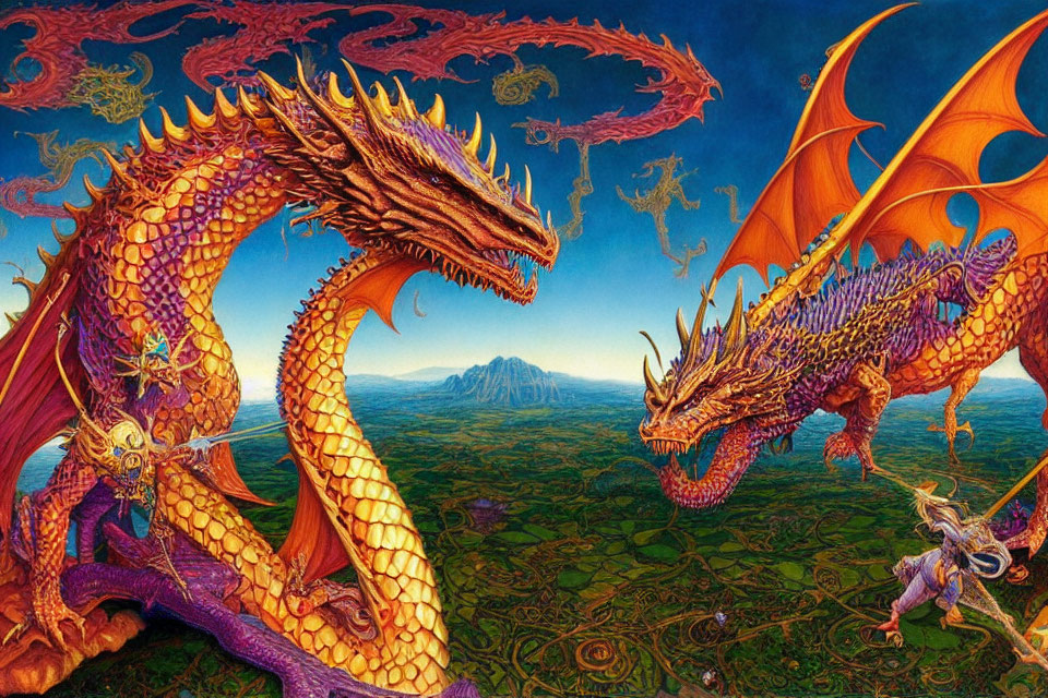 Vividly colored dragons breathing fire in fantastical landscape with warrior.