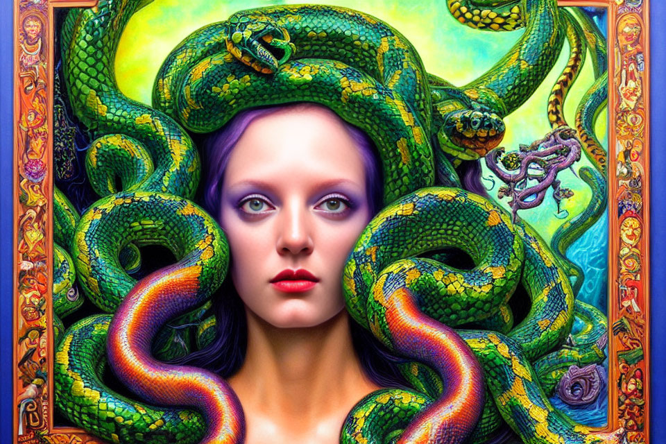 Purple-haired woman with violet eyes and green snakes on ornate background