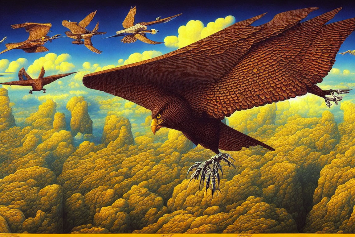 Giant eagle soars over yellow forest with smaller birds - surreal and dreamlike landscape