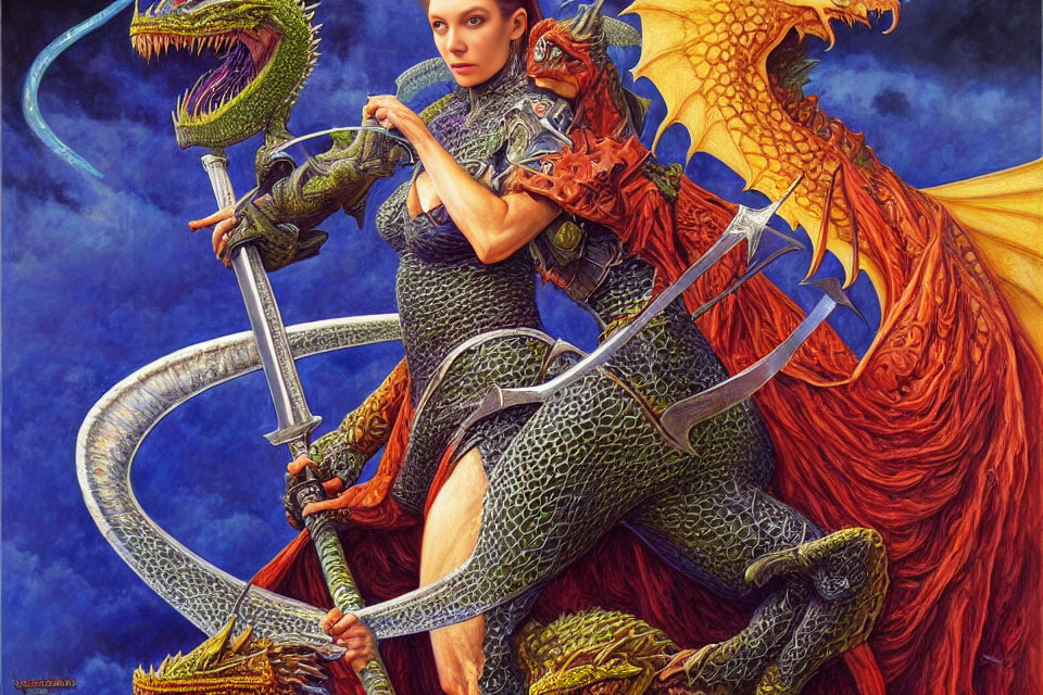 Warrior woman in green armor on red dragon with curved sword