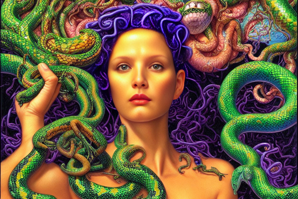 Striking woman surrounded by vibrant green serpents in colorful scene