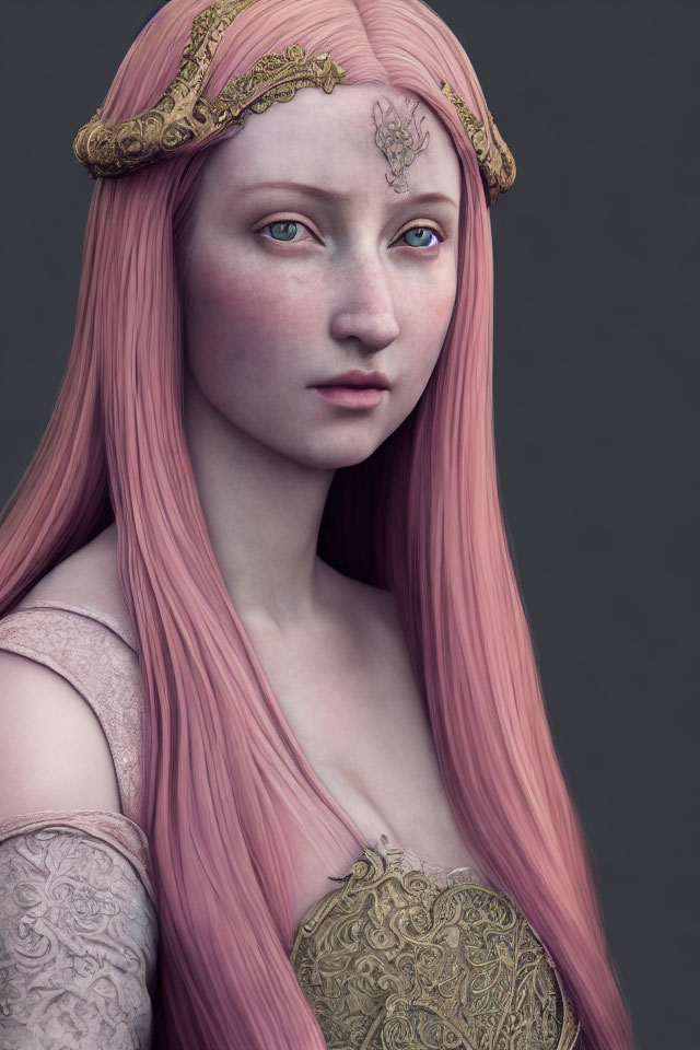 Digital art portrait of woman with pink hair, gold circlet, blue eyes, ornate attire on