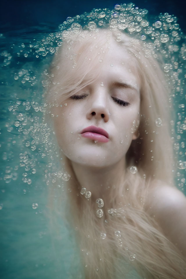 Pale-skinned person with blonde hair submerged in water with closed eyes and bubbles.