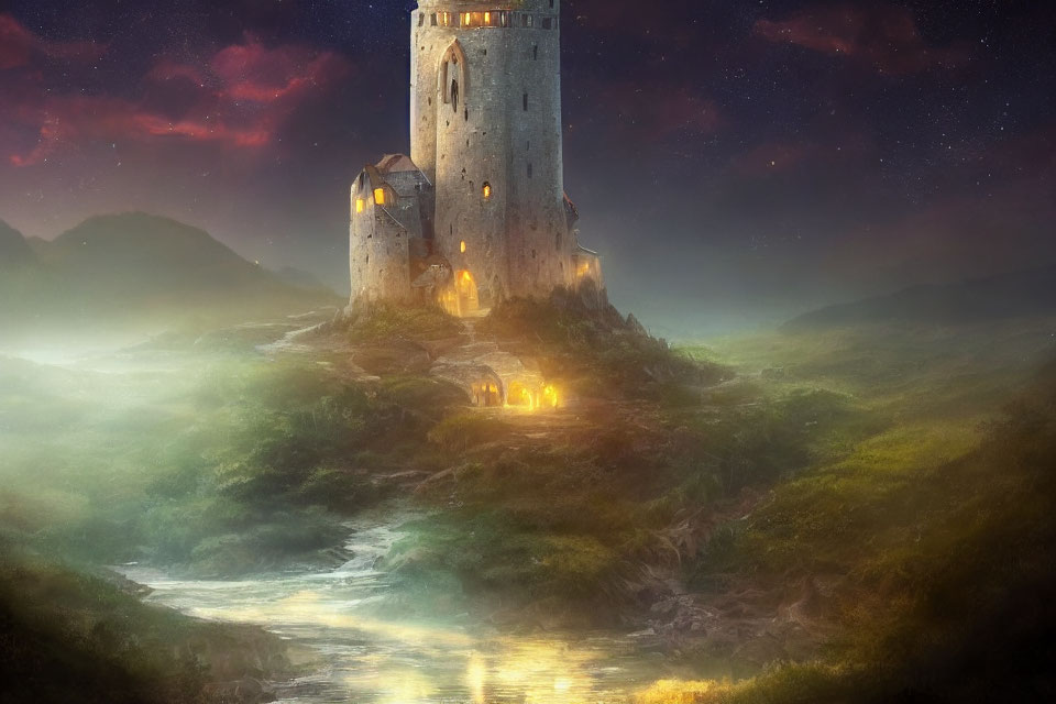 Stone Tower Overlooking Misty Landscape at Twilight