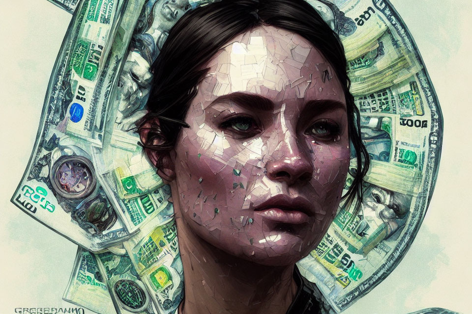 Digital artwork: Woman with cracked porcelain skin on US dollar bills