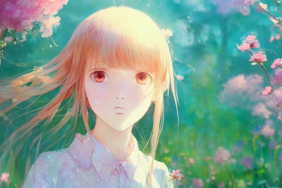 Girl with Large Eyes in Dreamy Floral Colors and Flowing Hair