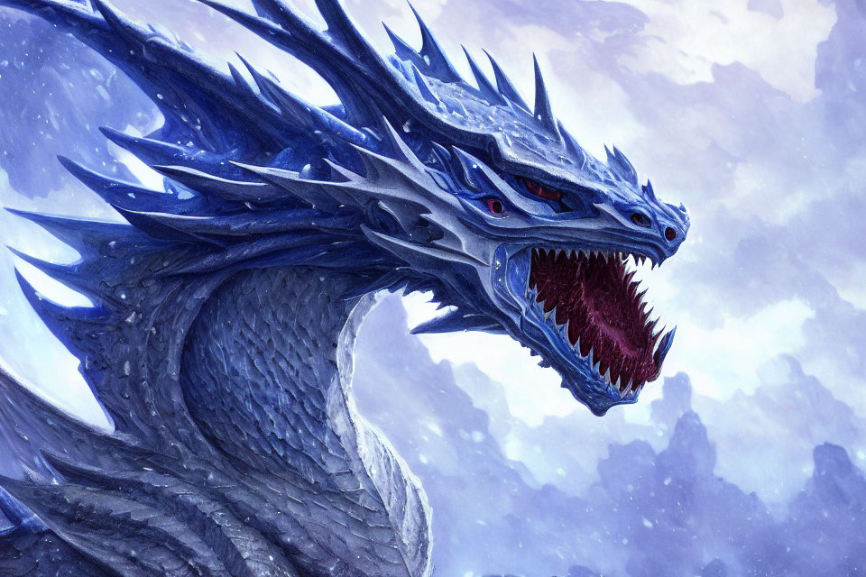 Blue dragon with red eyes roaring in snowy mountains