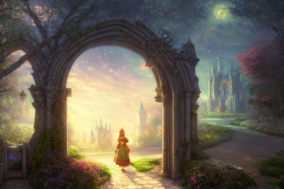 Person in Red Cloak Enters Magical Garden with Castle in Starry Sky