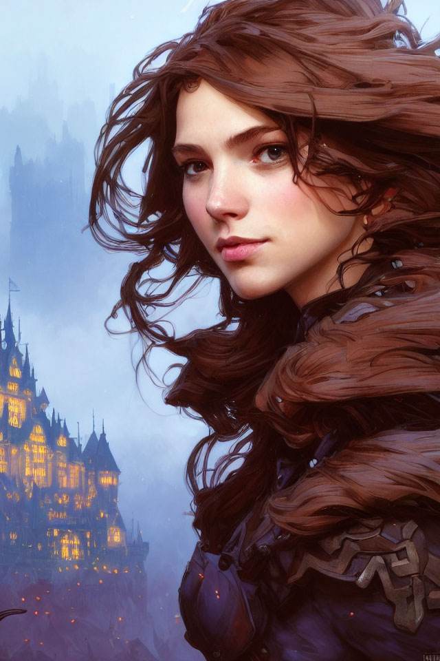 Digital artwork: Young woman in armor with flowing brown hair against misty castle backdrop