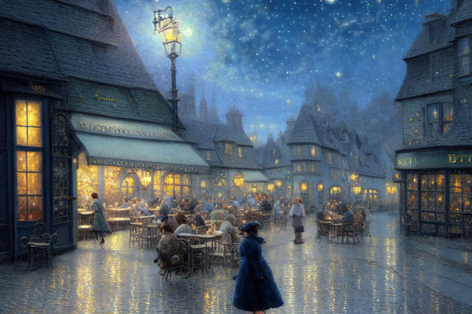 Historical cobblestone street scene at twilight with outdoor diners, glowing lamps, and falling snow