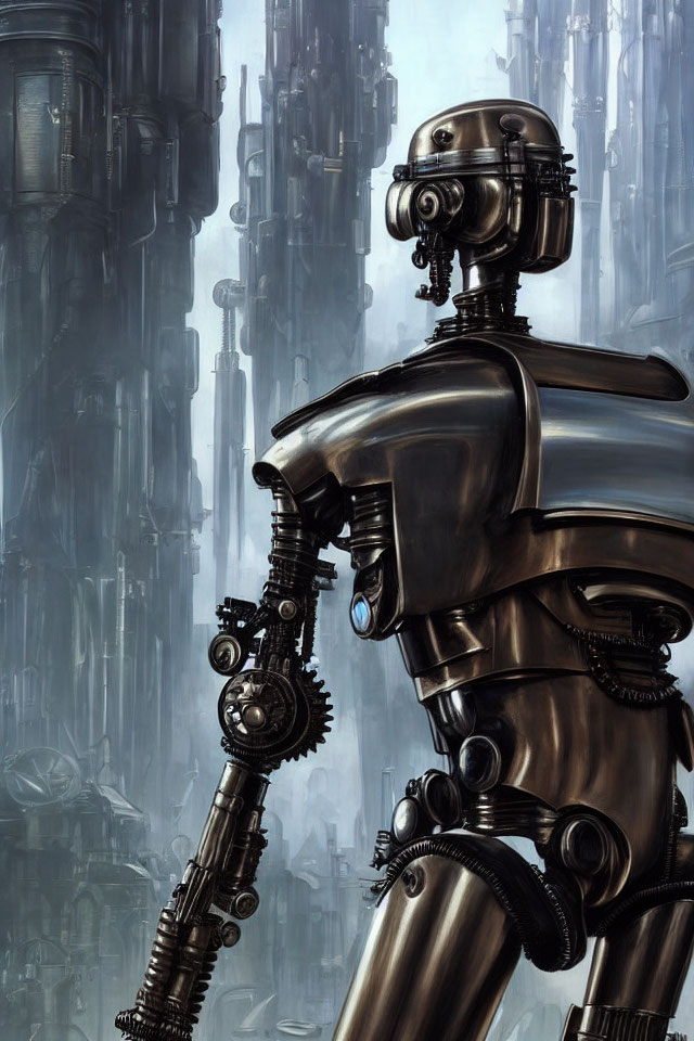 Detailed illustration: Robot with humanoid features gazing at futuristic cityscape