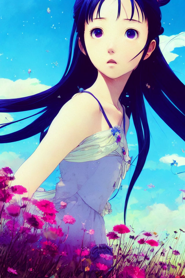 Anime girl with wide eyes in blue dress among pink flowers