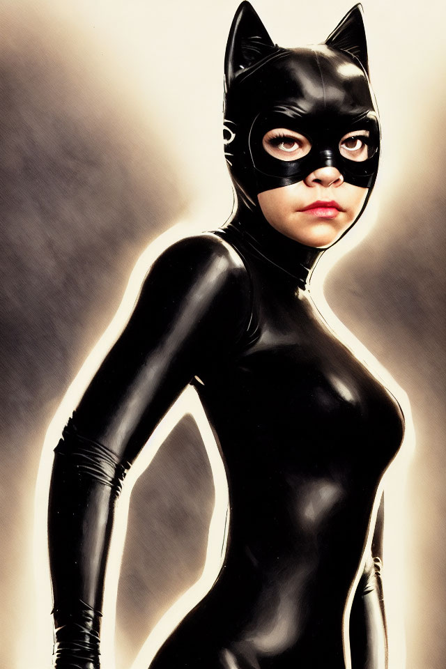 Person in Glossy Black Catsuit and Cat Mask with Intense Eyes