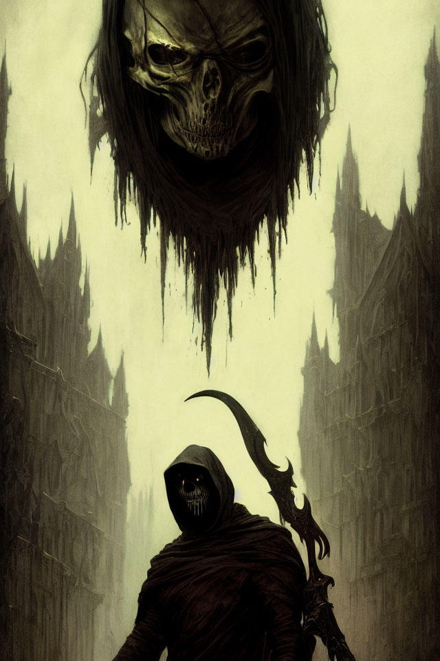 Cloaked figure with scythe in Gothic setting with skull and misty spires