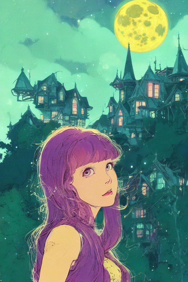 Whimsical illustration of wide-eyed girl with purple hair and starry sky