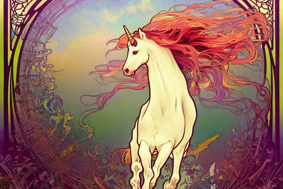 Colorful unicorn illustration in front of Art Nouveau backdrop