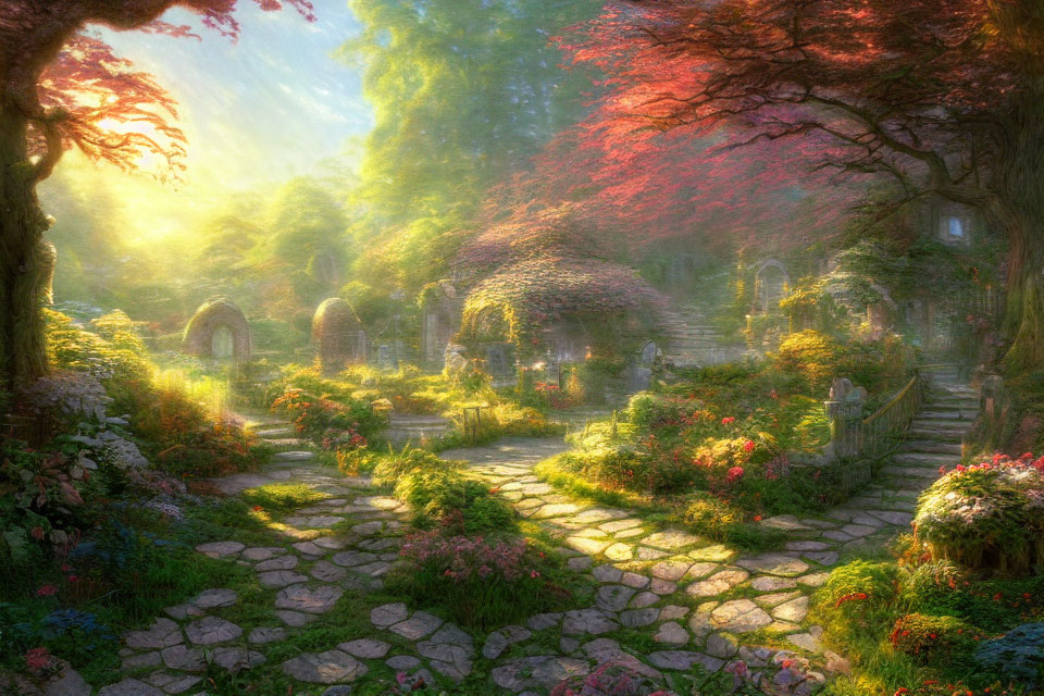 Colorful Trees and Stone Paths in Serene Garden