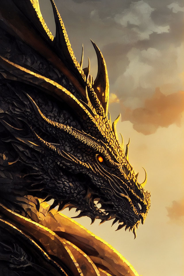 Majestic black dragon with golden highlights and orange eye in cloudy sunset