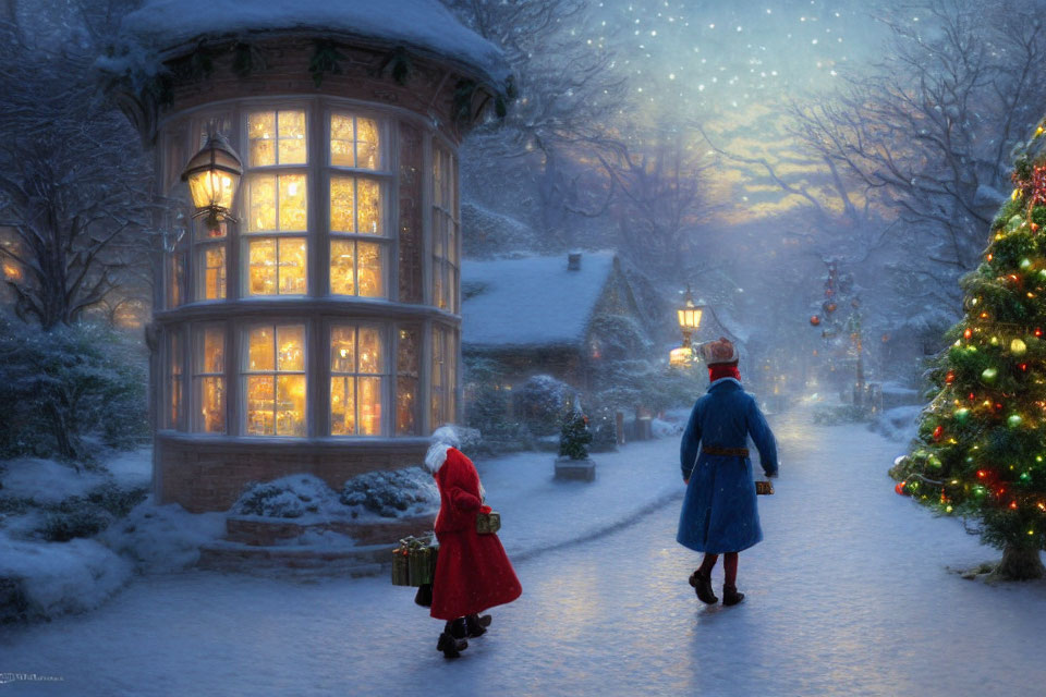 Snowy evening scene: Two people walking to lit gazebo with Christmas tree and houses.