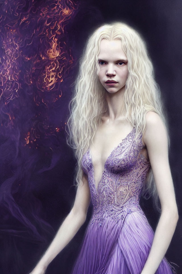 Pale woman with white-blond hair in purple gown before swirling mist