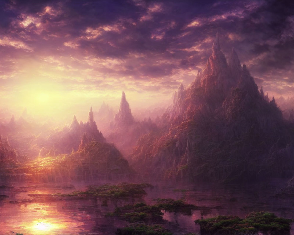 Mystical landscape with towering spires and tranquil water at sunrise