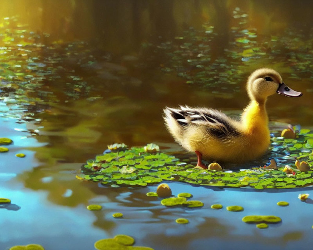 Smiling cartoon duckling on pond with lily pads under golden sunlight