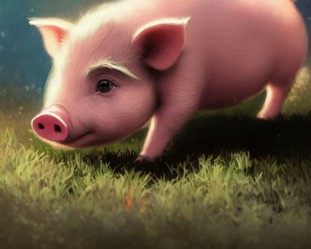 Young pig standing on grass under warm, glowing light