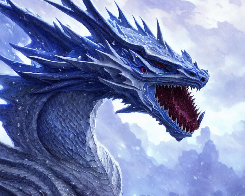 Blue dragon with red eyes roaring in snowy mountains