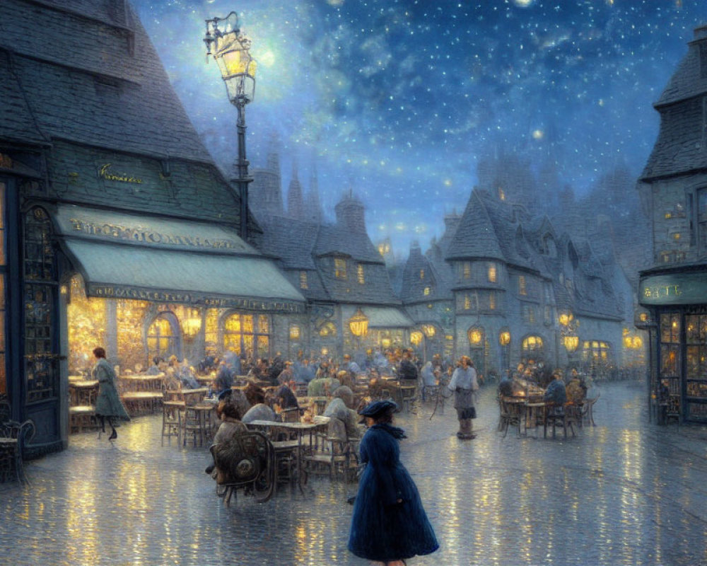 Historical cobblestone street scene at twilight with outdoor diners, glowing lamps, and falling snow