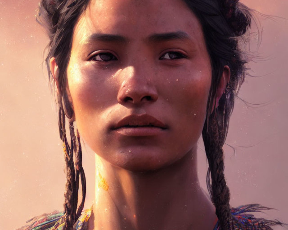 Woman with Braided Hair and Colorful Necklace in Contemplative Portrait